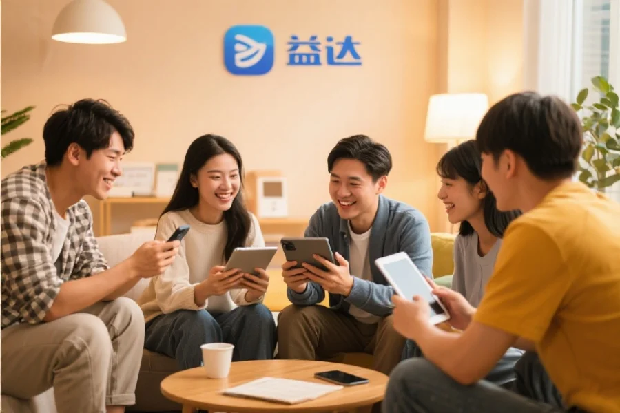 一群年轻用户围坐在一起，使用平板和手机愉快地交流，背景温馨现代，象征恒行6应用的社区活跃氛围